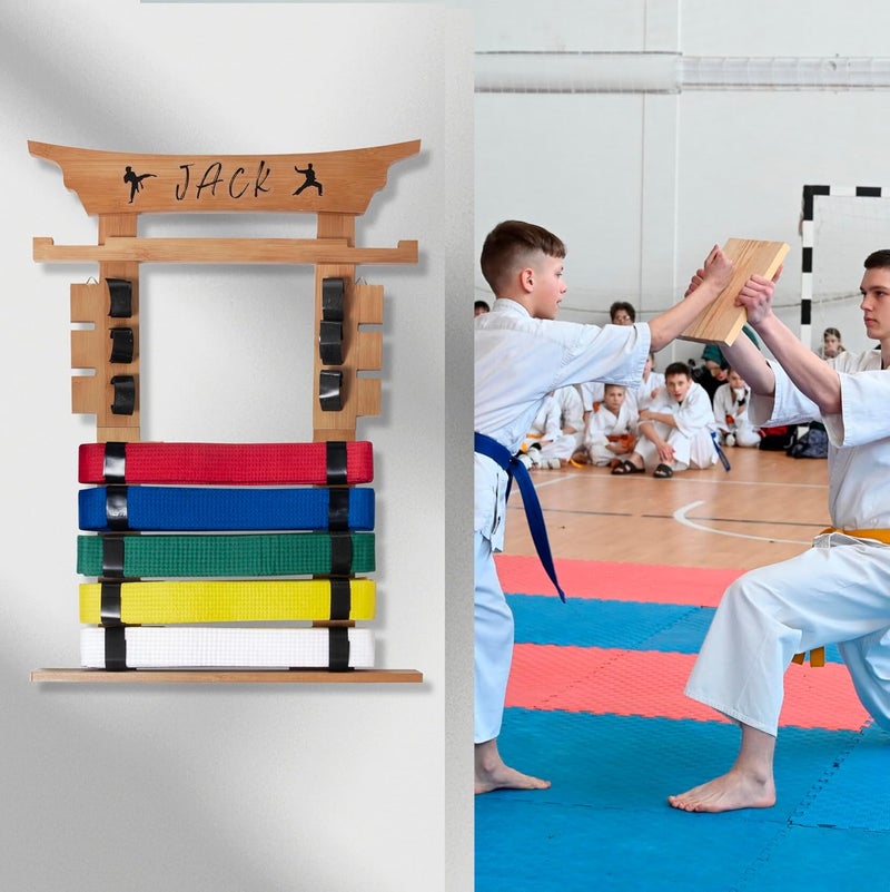 humberboat Wall Karate Belt Display Rack with Medal Hanger and Stickers, Martial Arts Belt Display Holder, 8 Belt Taekwondo Belt Belt Display Hanging Holder for Kids and Adults-Brown - Image 3